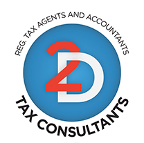 2D Tax company logo. blue circle with red & white 2D inside. circle on white circle. png background.